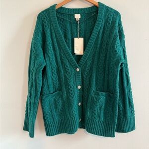 a new day Teal Cable Knit Cardigan, NWT, rhinestone buttons